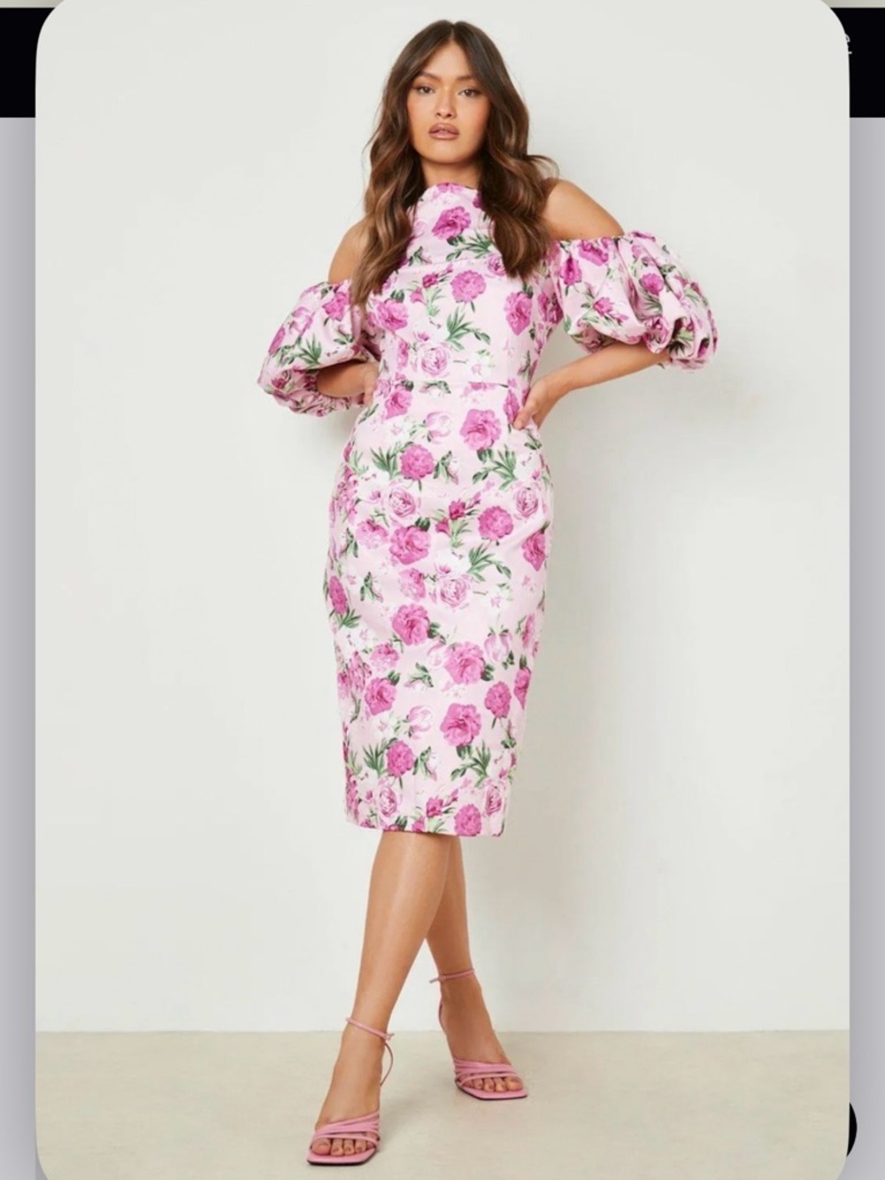 Boohoo Pink Floral Cold-Shoulder Midi Dress
